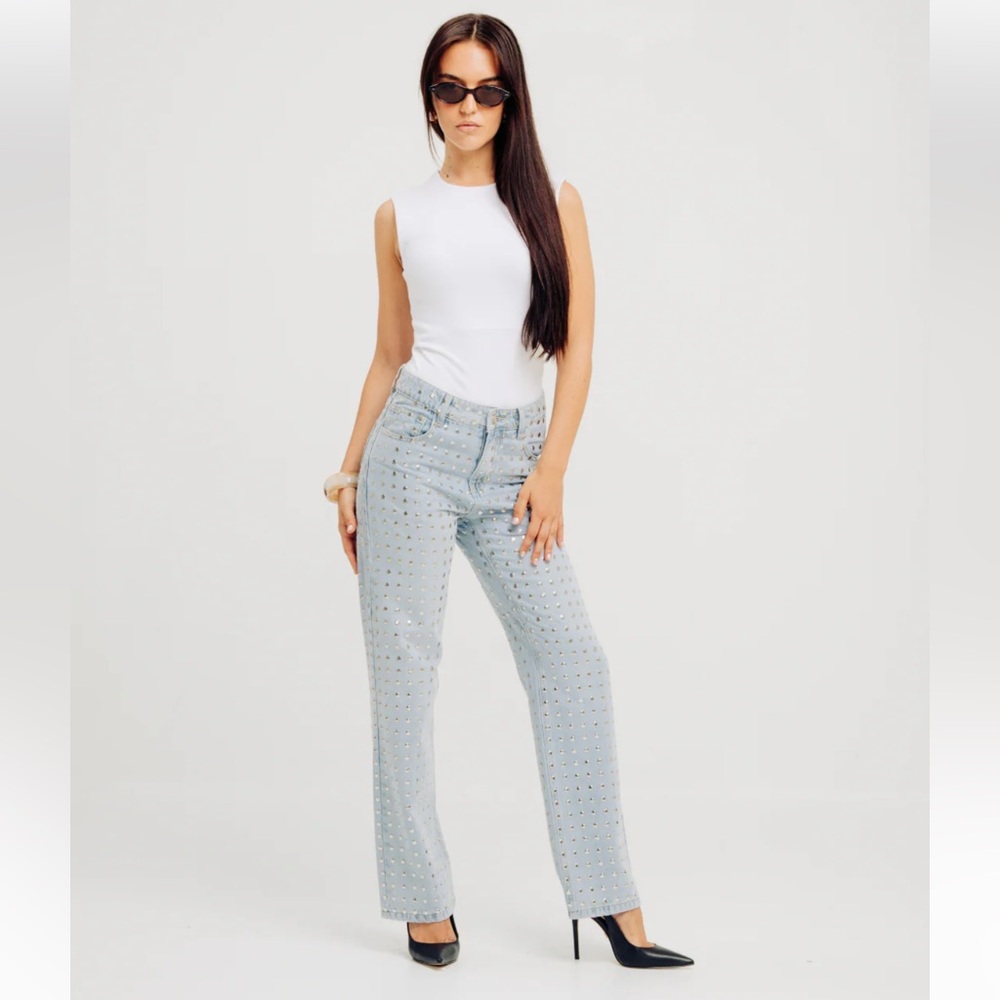 NWT Torn by Ronny kobo avi jeans studded glacier wash size 28, 6 29 8 wide leg